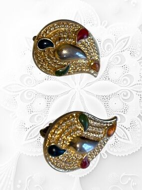 Vintage Gold Tone Clip On Earrings Abstract Teardrop Multicolor Cabochon